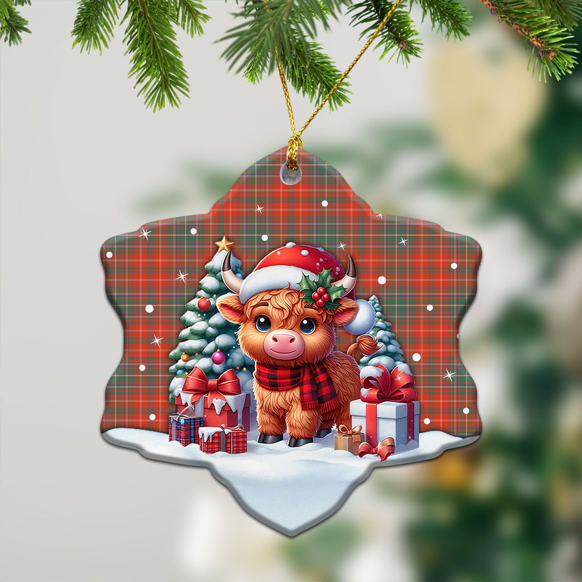 McDougall Ancient Tartan Christmas Ceramic Ornament - Highland Cow Winter Style