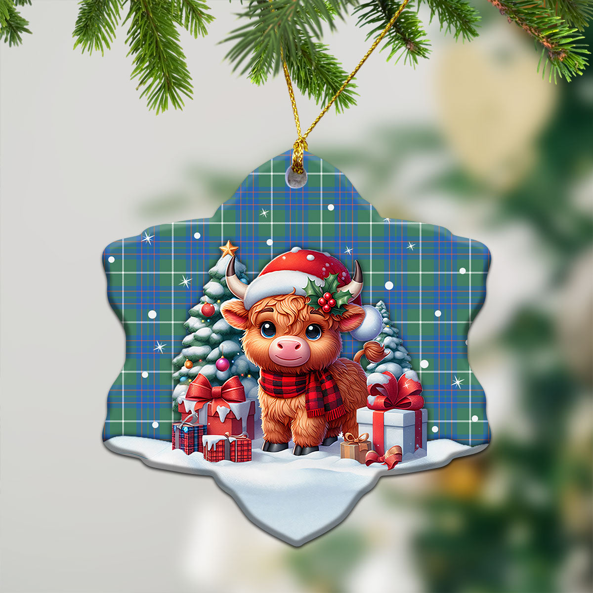 McIntyre Hunting Ancient Tartan Christmas Ceramic Ornament - Highland Cow Winter Style