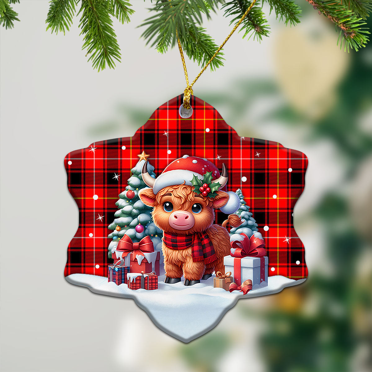 McIver Modern Tartan Christmas Ceramic Ornament - Highland Cow Winter Style