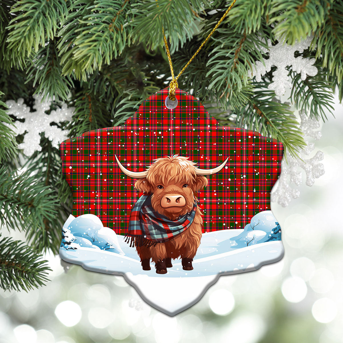 McKinnon Modern Tartan Christmas Ceramic Ornament - Highland Cows Snow Style