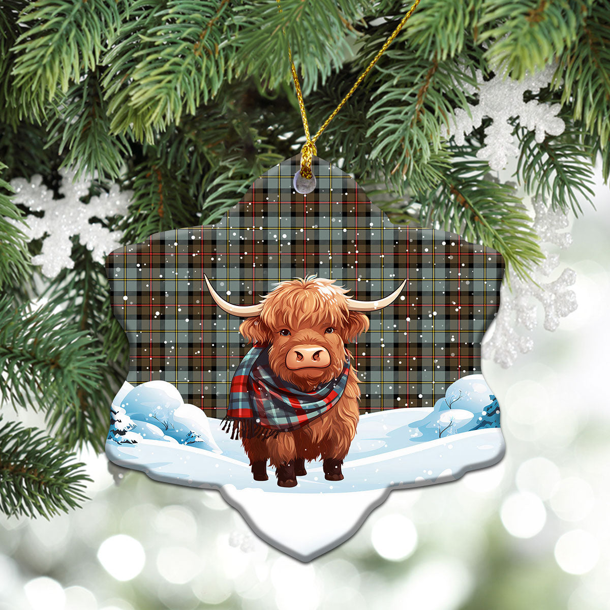 McLeod of Harris Weathered Tartan Christmas Ceramic Ornament - Highland Cows Snow Style