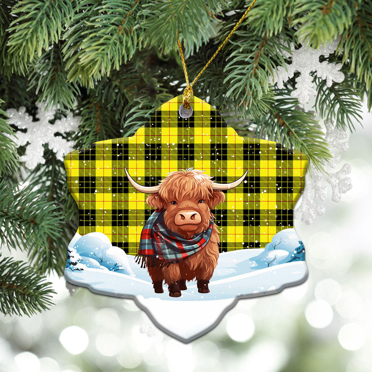 McLeod of Lewis Modern Tartan Christmas Ceramic Ornament - Highland Cows Snow Style