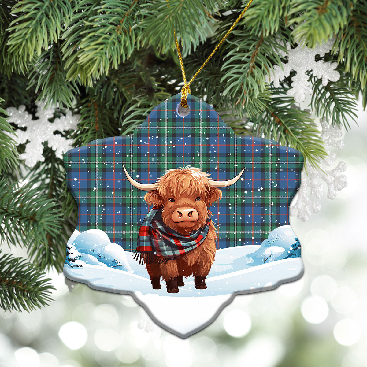 McPhail Hunting Ancient Tartan Christmas Ceramic Ornament - Highland Cows Snow Style