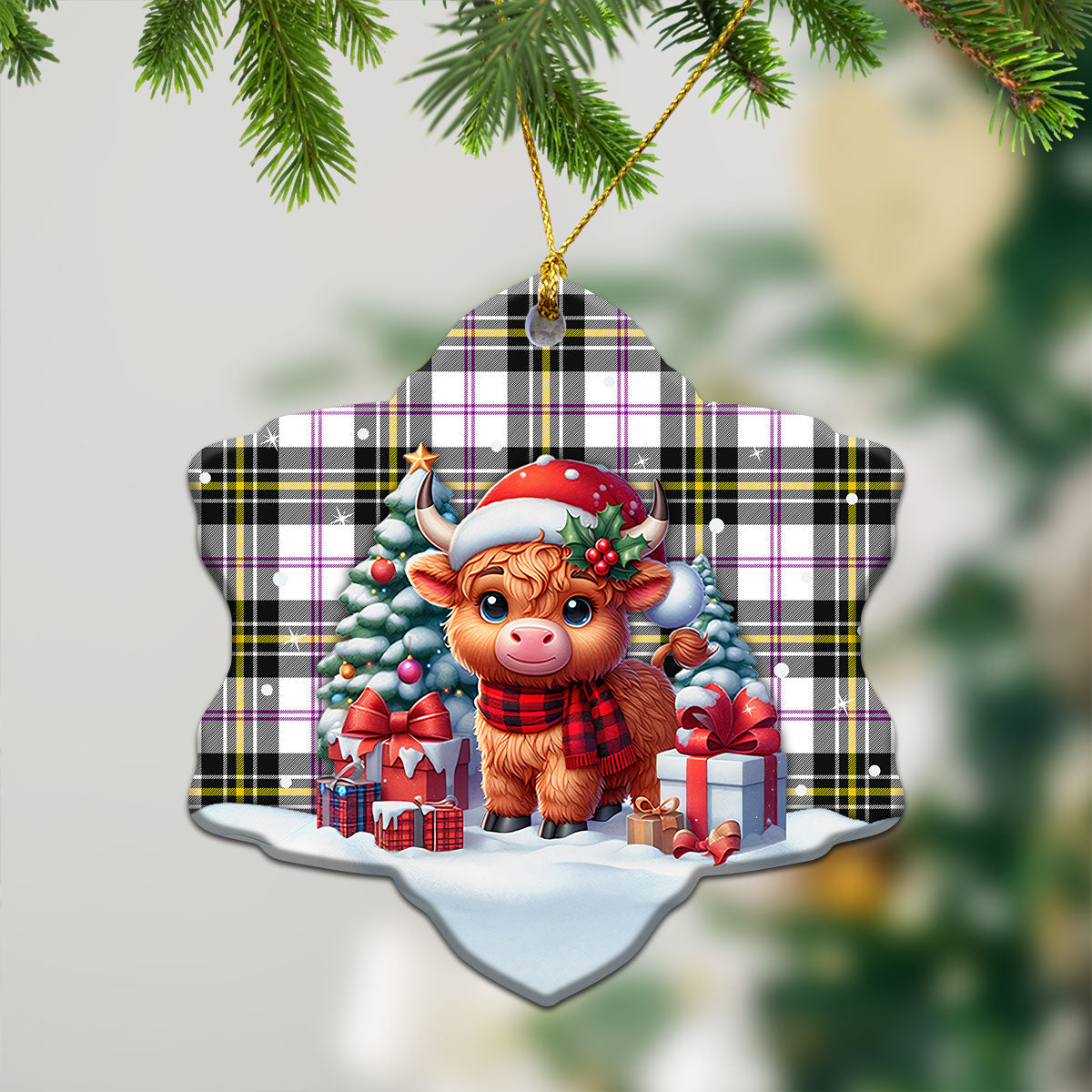 McPherson Dress Modern Tartan Christmas Ceramic Ornament - Highland Cow Winter Style