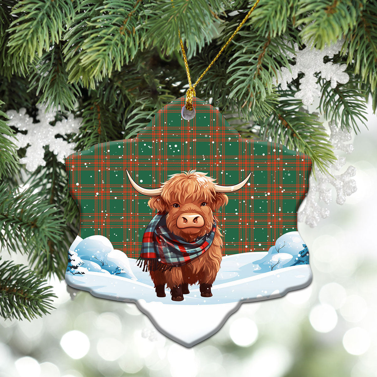 Menzies Green Ancient Tartan Christmas Ceramic Ornament - Highland Cows Snow Style