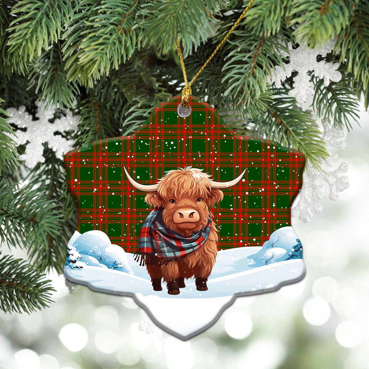 Menzies Green Modern Tartan Christmas Ceramic Ornament - Highland Cows Snow Style