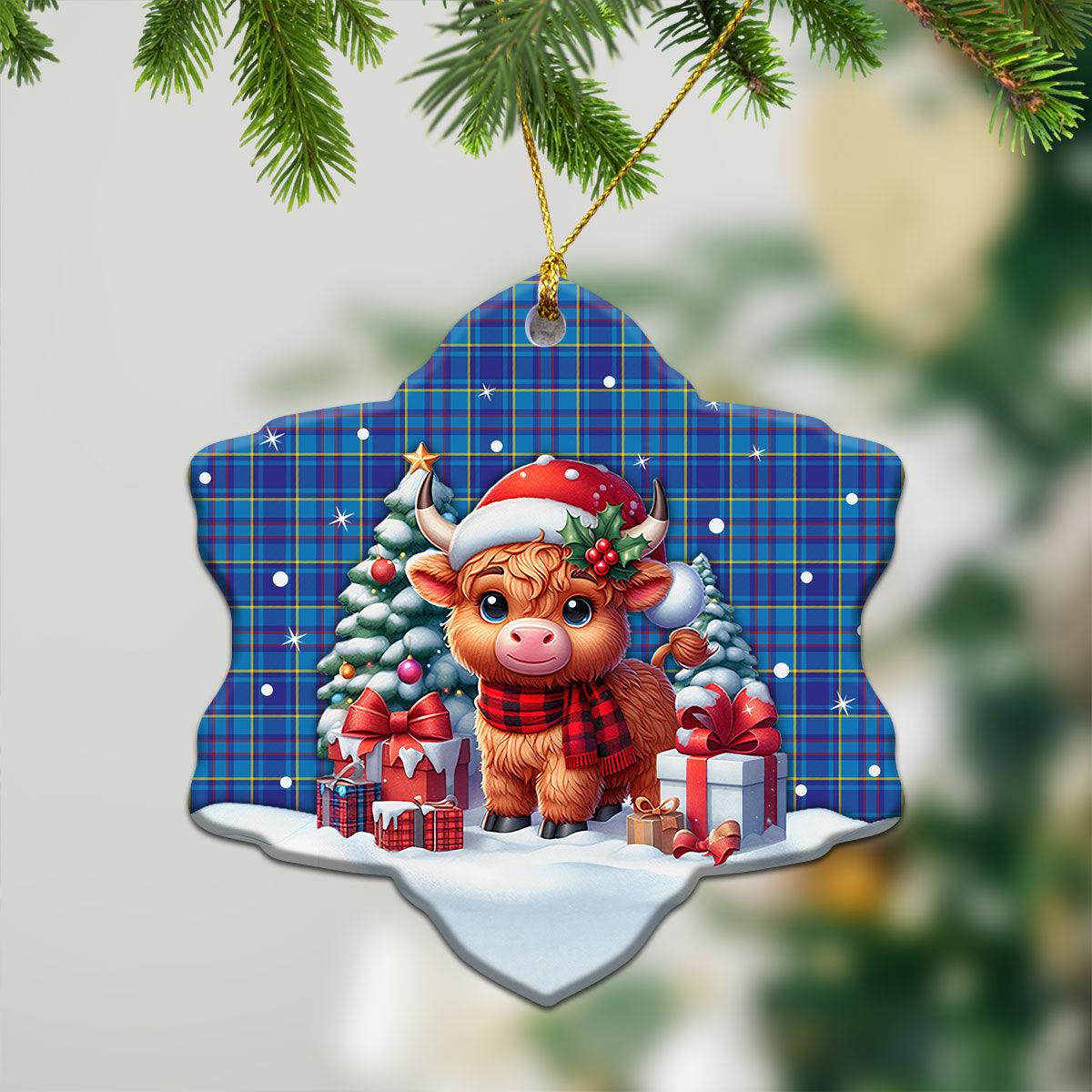 Mercer Modern Tartan Christmas Ceramic Ornament - Highland Cow Winter Style