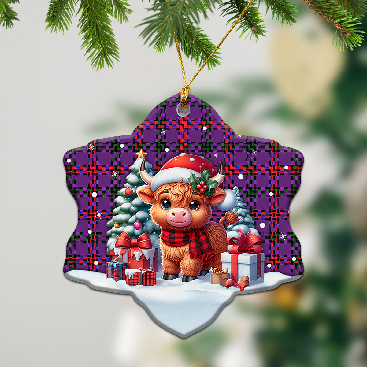 Montgomery Modern Tartan Christmas Ceramic Ornament - Highland Cow Winter Style