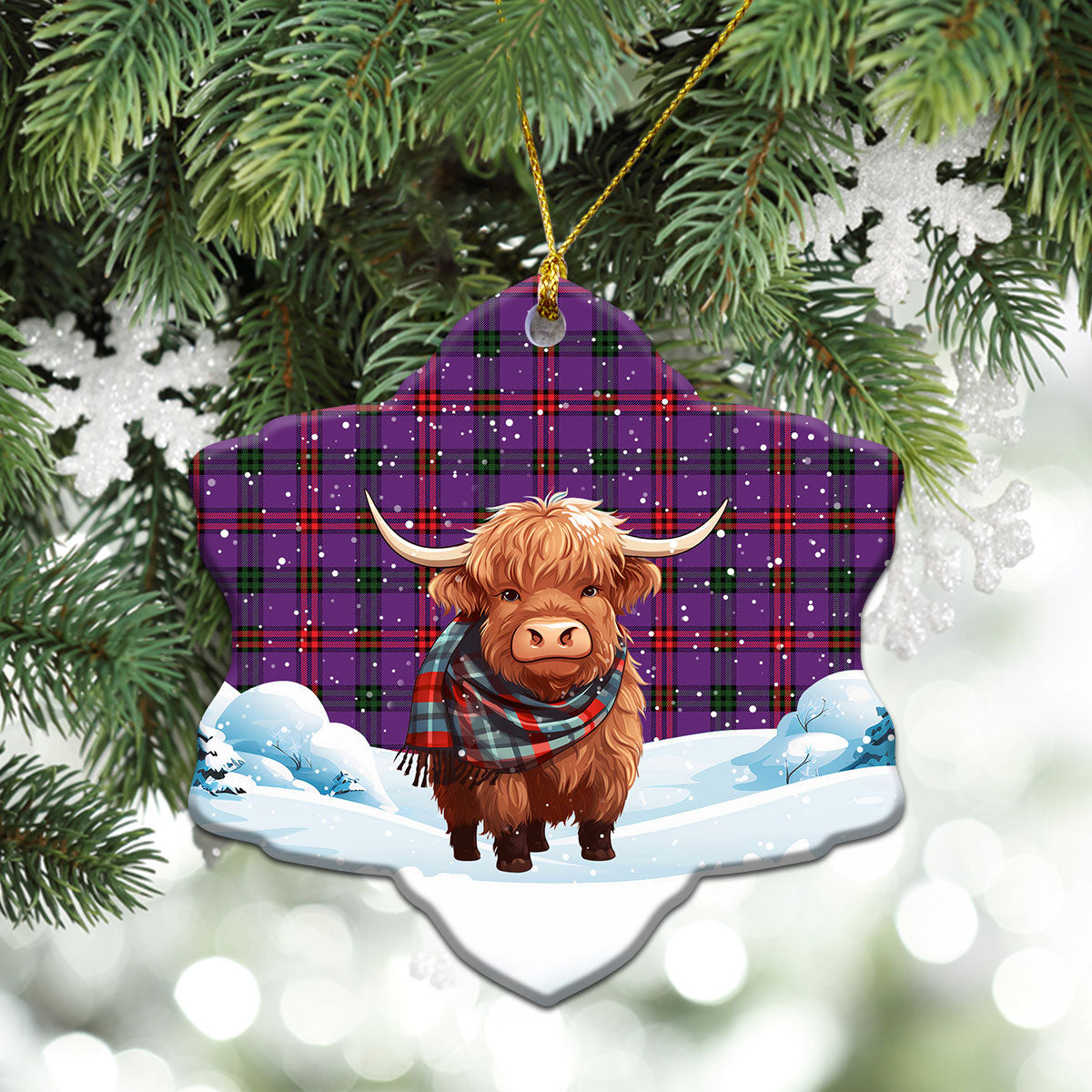 Montgomery Modern Tartan Christmas Ceramic Ornament - Highland Cows Snow Style