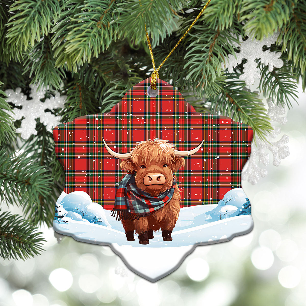 Monypenny Tartan Christmas Ceramic Ornament - Highland Cows Snow Style