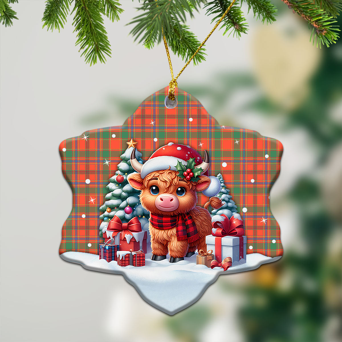 Munro Ancient Tartan Christmas Ceramic Ornament - Highland Cow Winter Style