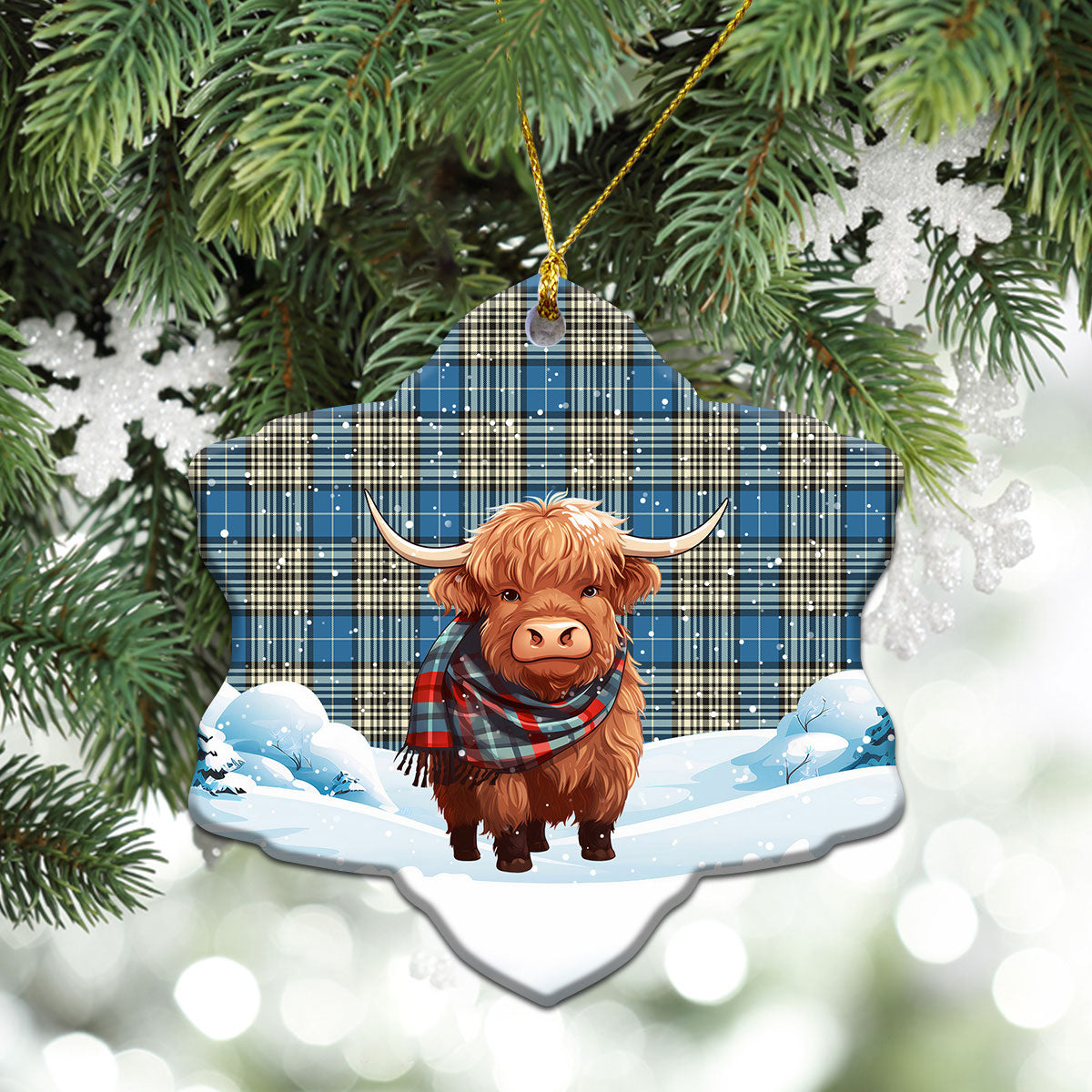 Napier Ancient Tartan Christmas Ceramic Ornament - Highland Cows Snow Style