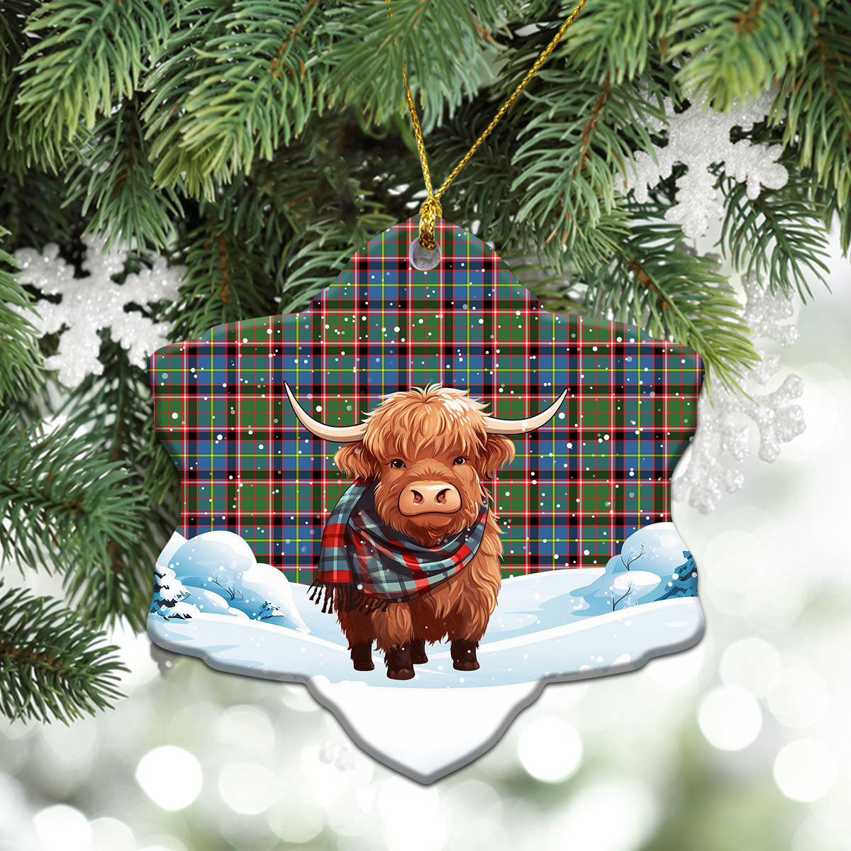 Norvel (or Norvill) Tartan Christmas Ceramic Ornament - Highland Cows Snow Style