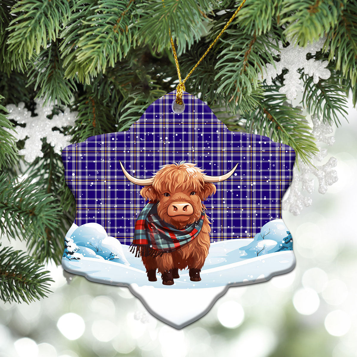 Ochterlony Tartan Christmas Ceramic Ornament - Highland Cows Snow Style