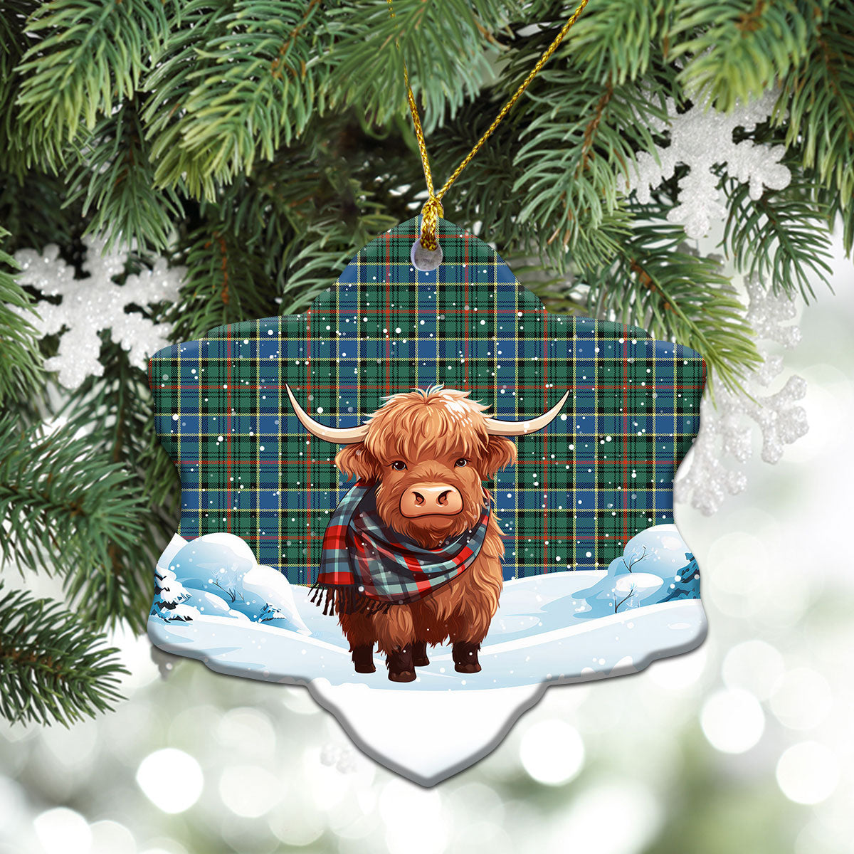 Ogilvie Hunting Ancient Tartan Christmas Ceramic Ornament - Highland Cows Snow Style