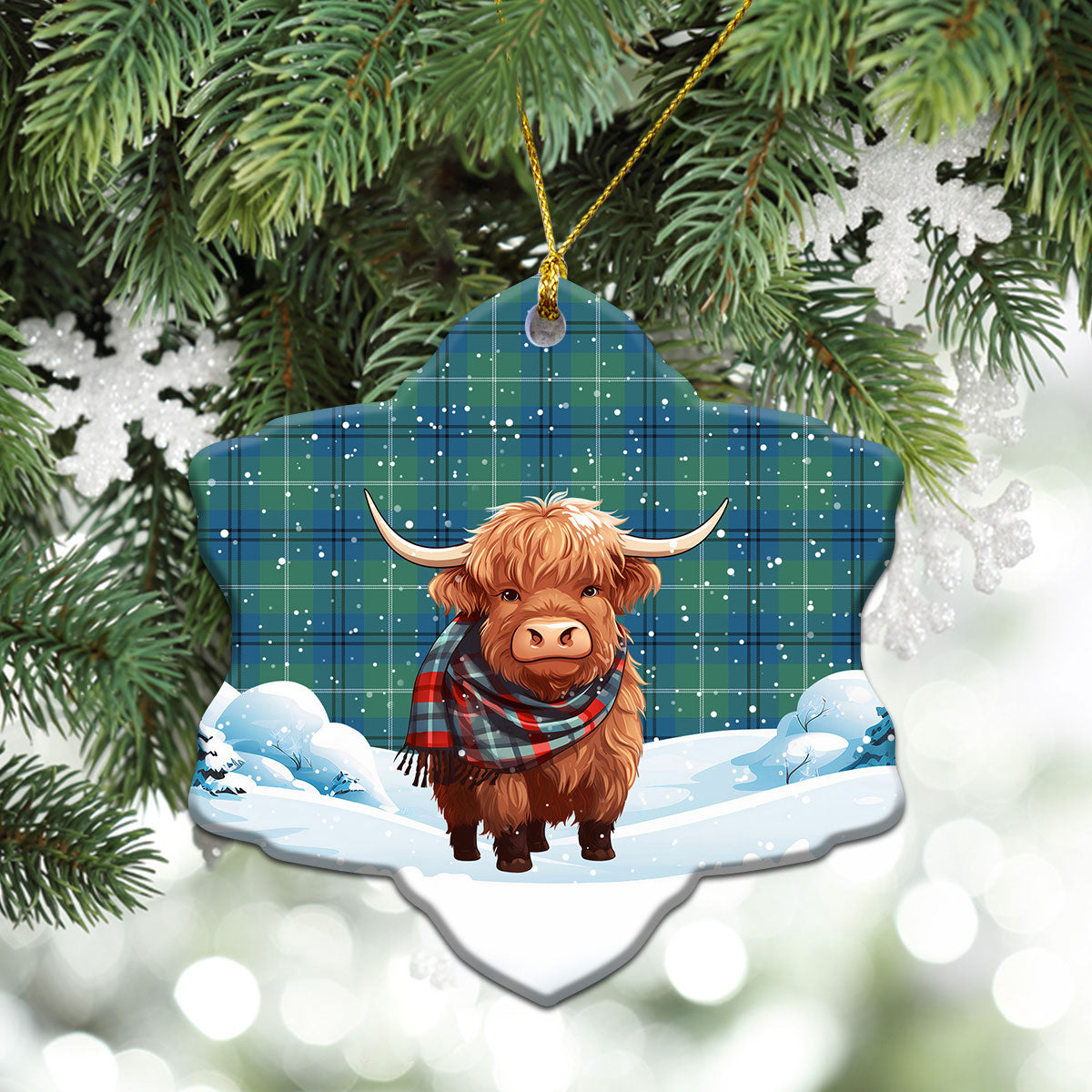 Oliphant Ancient Tartan Christmas Ceramic Ornament - Highland Cows Snow Style