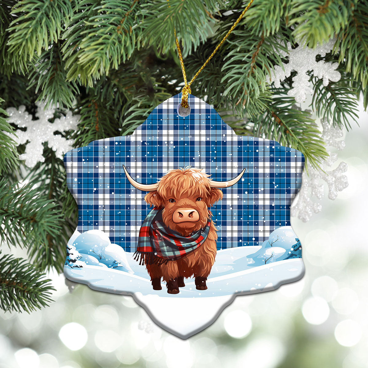 Roberton Tartan Christmas Ceramic Ornament - Highland Cows Snow Style