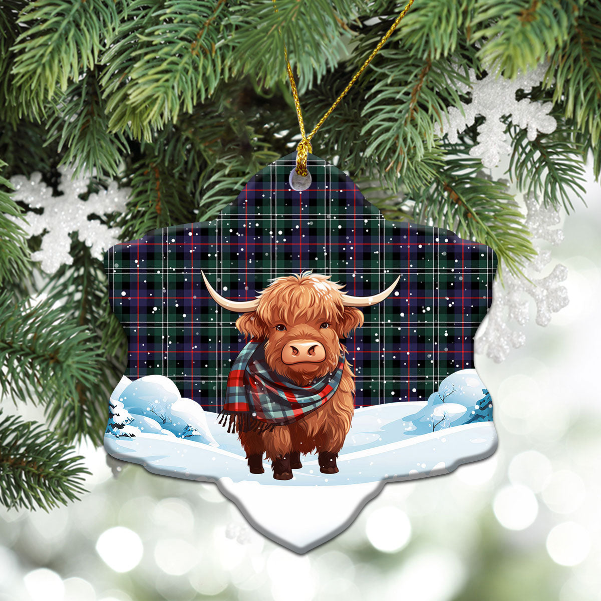 Rose Hunting Modern Tartan Christmas Ceramic Ornament - Highland Cows Snow Style