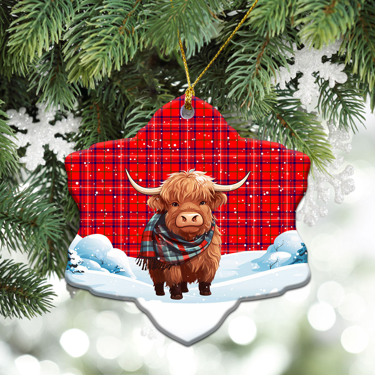 Rose Modern Tartan Christmas Ceramic Ornament - Highland Cows Snow Style