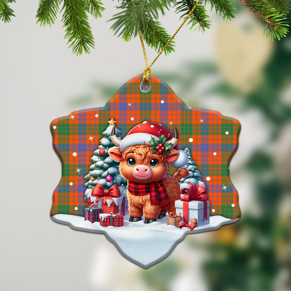 Ross Ancient Tartan Christmas Ceramic Ornament - Highland Cow Winter Style