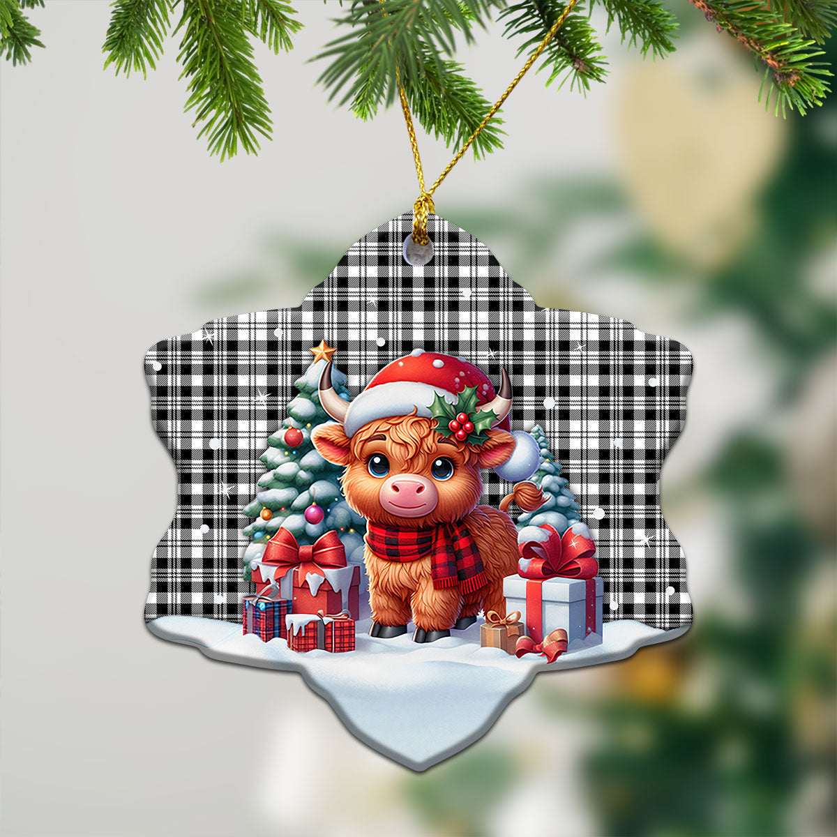 Scott Black & White Modern Tartan Christmas Ceramic Ornament - Highland Cow Winter Style