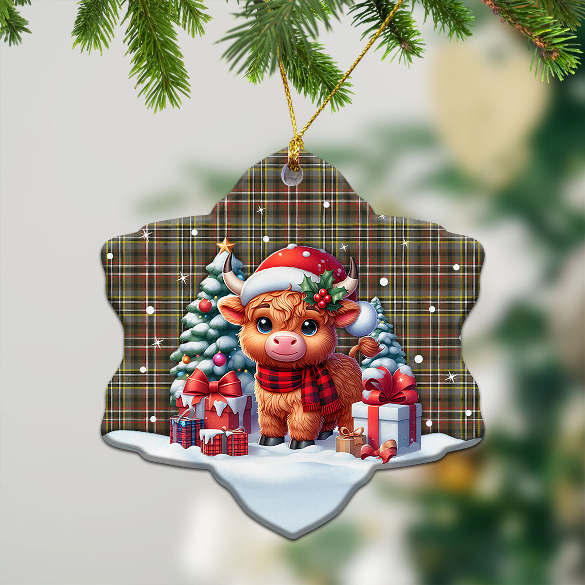 Scott Green Weathered Tartan Christmas Ceramic Ornament - Highland Cow Winter Style