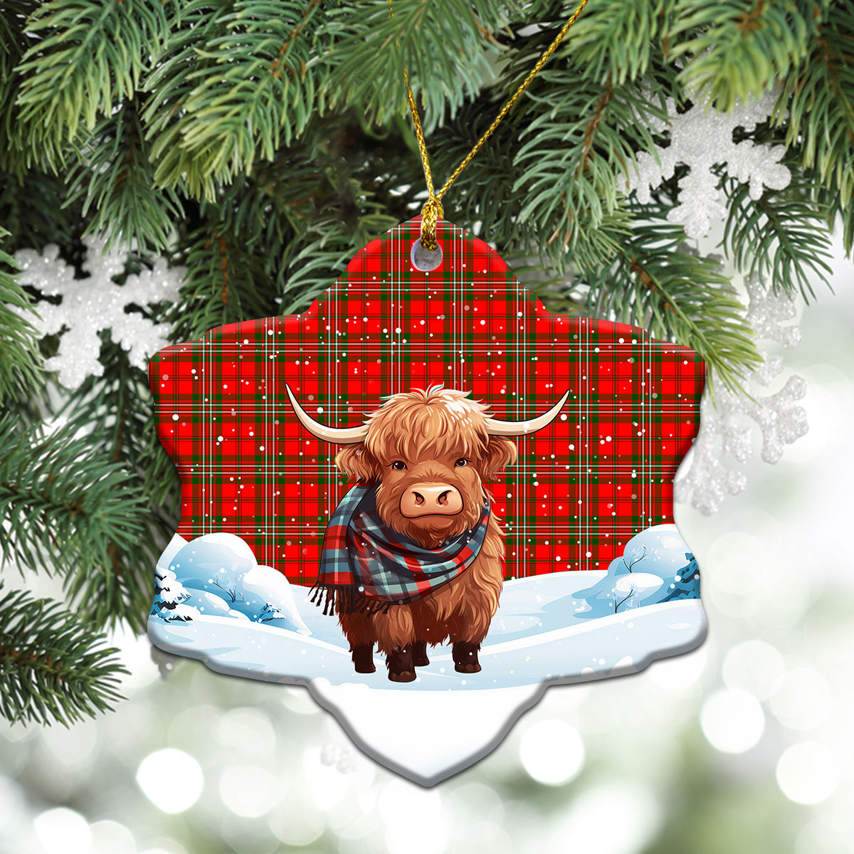 Scott Modern Tartan Christmas Ceramic Ornament - Highland Cows Snow Style