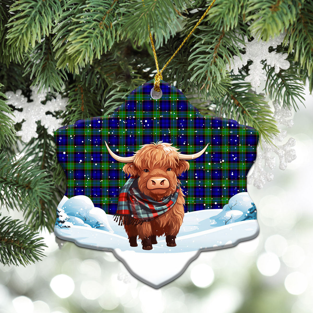 Sempill Modern Tartan Christmas Ceramic Ornament - Highland Cows Snow Style