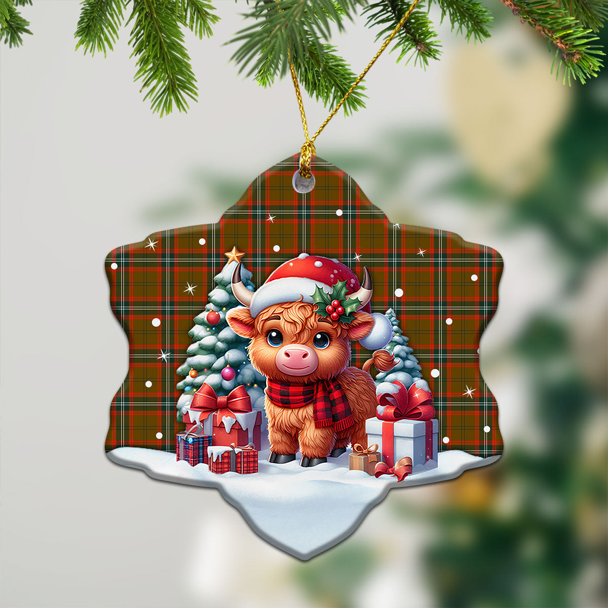 Seton Hunting Modern Tartan Christmas Ceramic Ornament - Highland Cow Winter Style