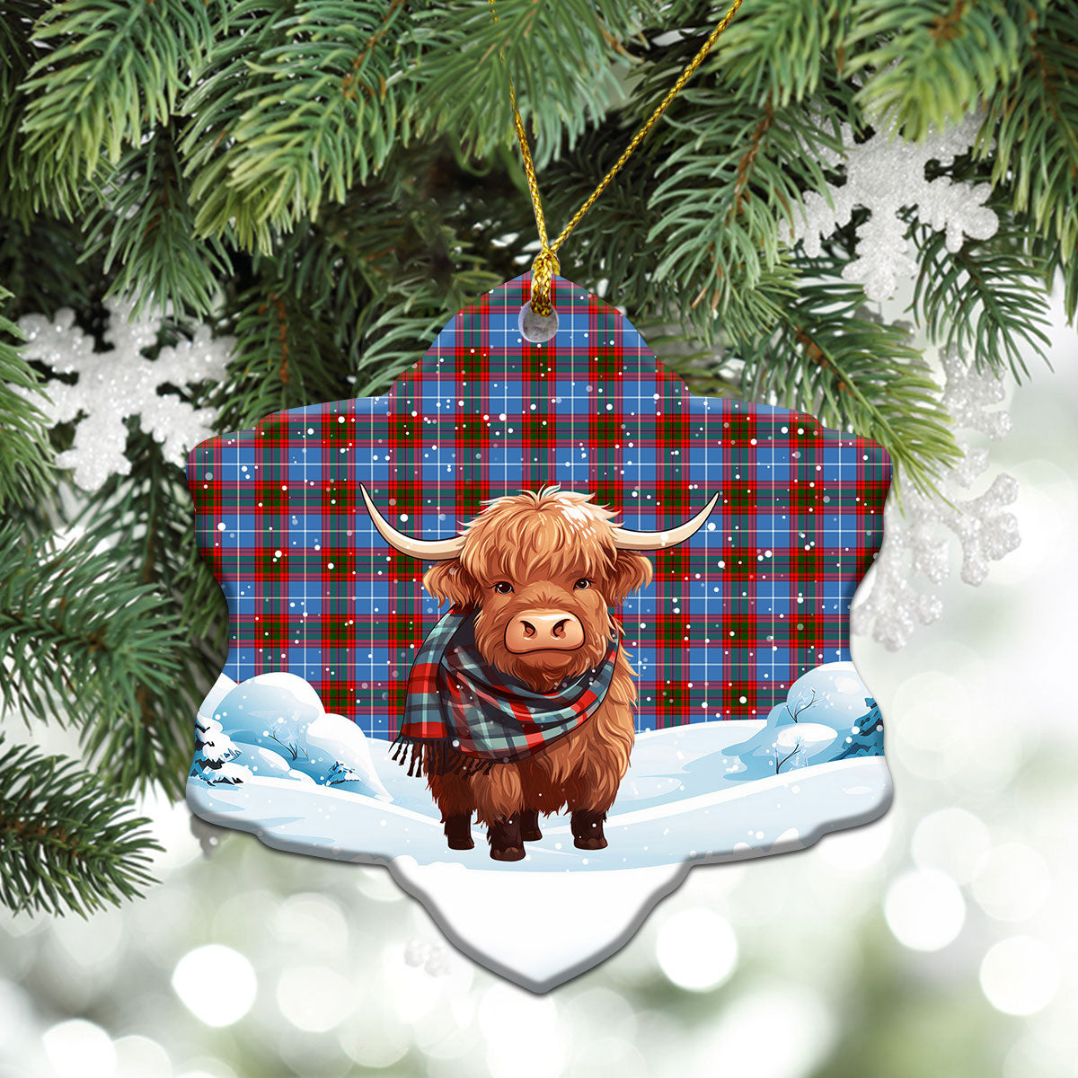 Spalding Tartan Christmas Ceramic Ornament - Highland Cows Snow Style