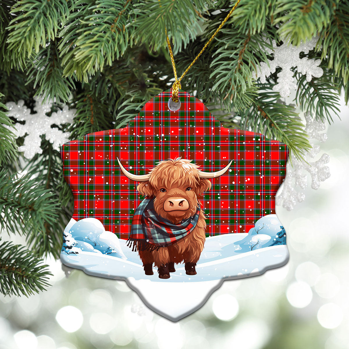 Spens (or Spence) Tartan Christmas Ceramic Ornament - Highland Cows Snow Style