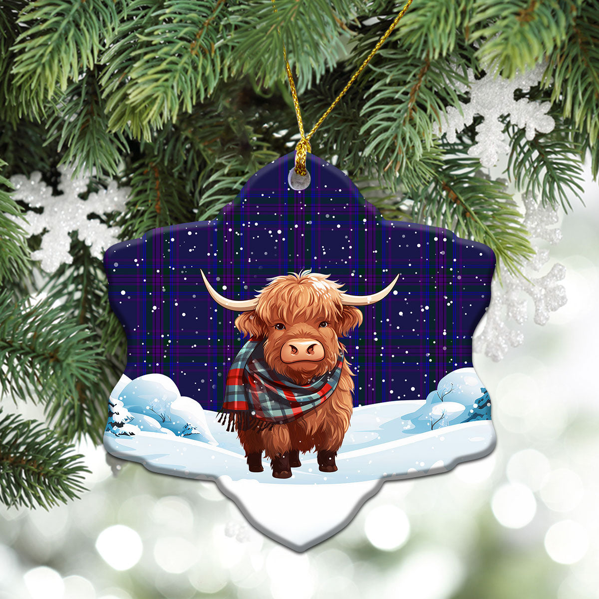 Spirit of Scotland Tartan Christmas Ceramic Ornament - Highland Cows Snow Style