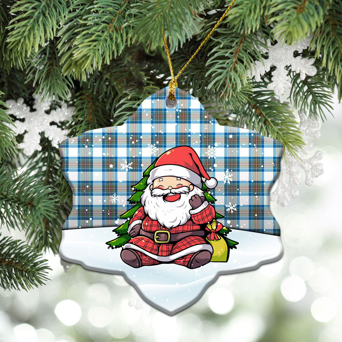 Stewart Muted Blue Tartan Christmas Ceramic Ornament - Scottish Santa Style