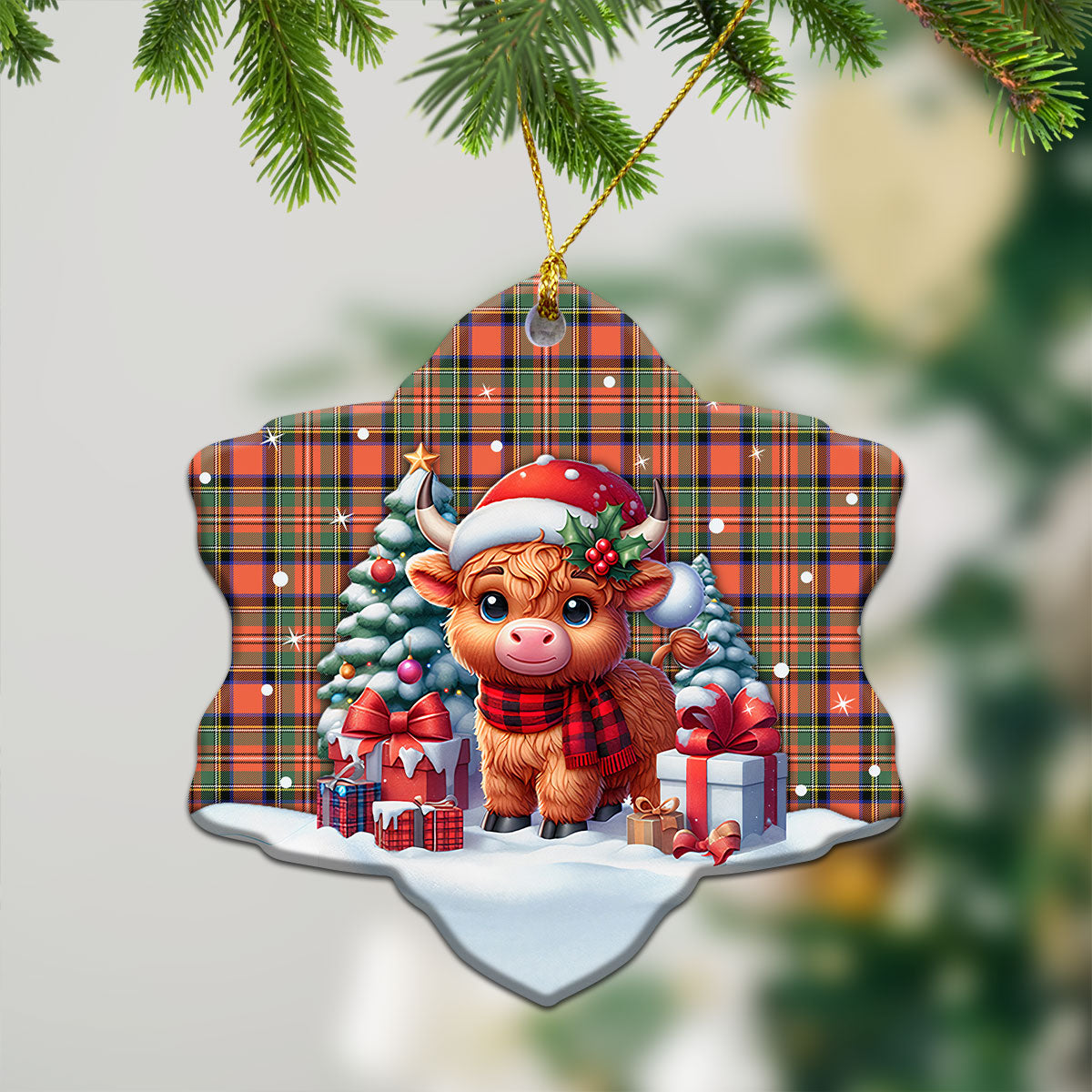 Stewart Royal Ancient Tartan Christmas Ceramic Ornament - Highland Cow Winter Style