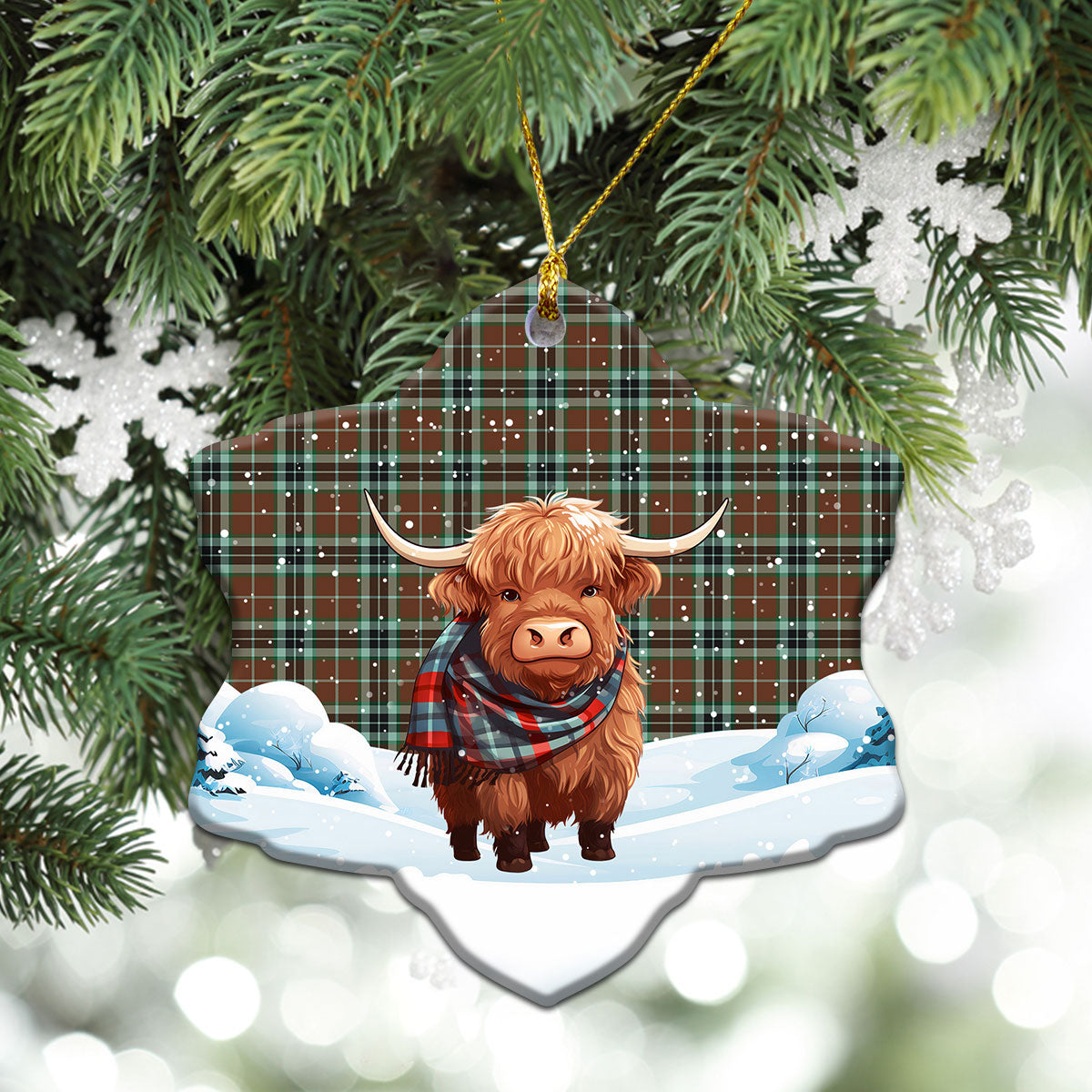 Thomson Hunting Modern Tartan Christmas Ceramic Ornament - Highland Cows Snow Style