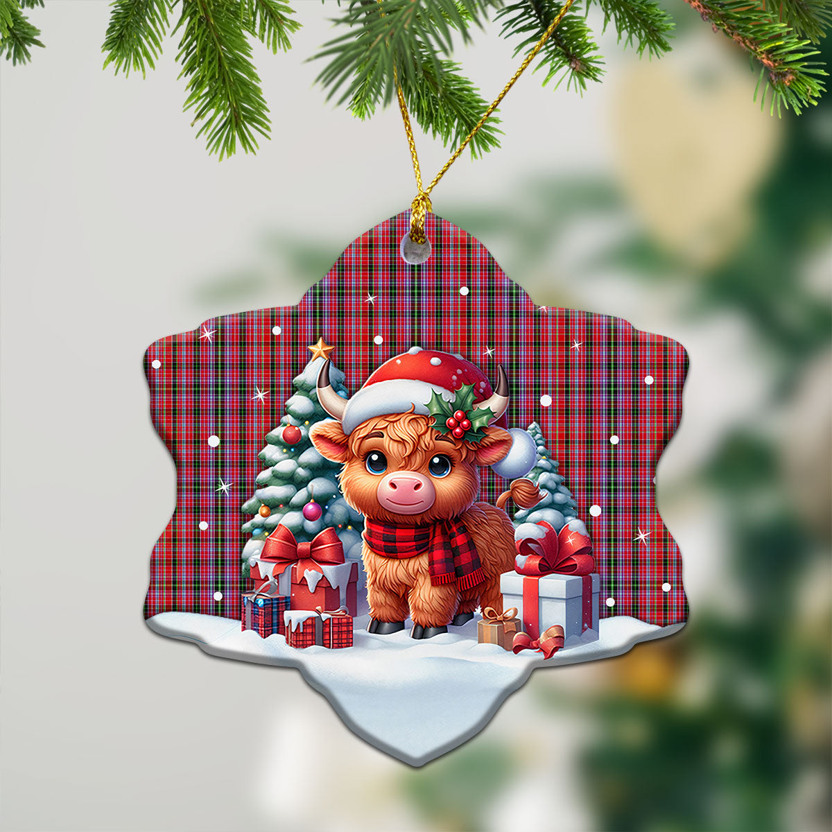 Udny Tartan Christmas Ceramic Ornament - Highland Cow Winter Style