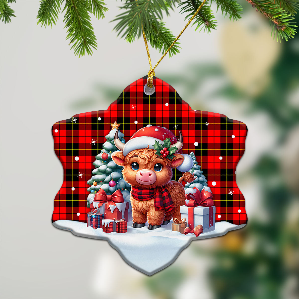 Wallace Hunting Red Tartan Christmas Ceramic Ornament - Highland Cow Winter Style