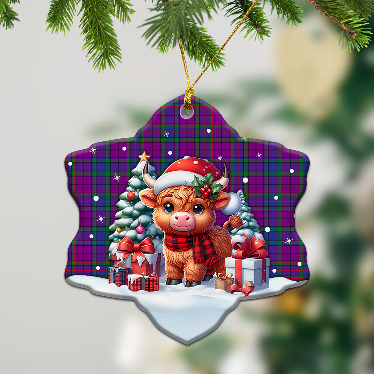 Wardlaw Modern Tartan Christmas Ceramic Ornament - Highland Cow Winter Style