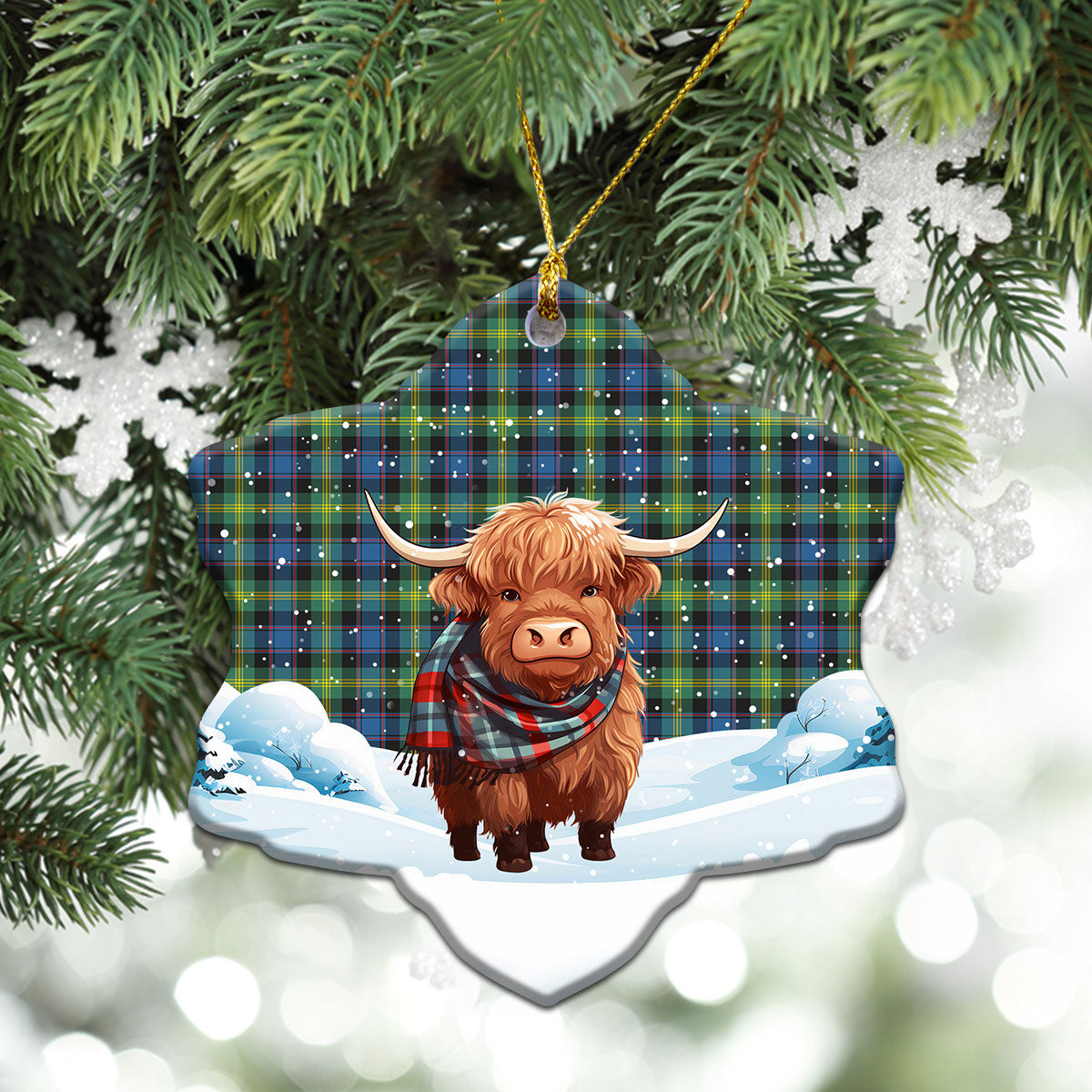 Watson Ancient Tartan Christmas Ceramic Ornament - Highland Cows Snow Style