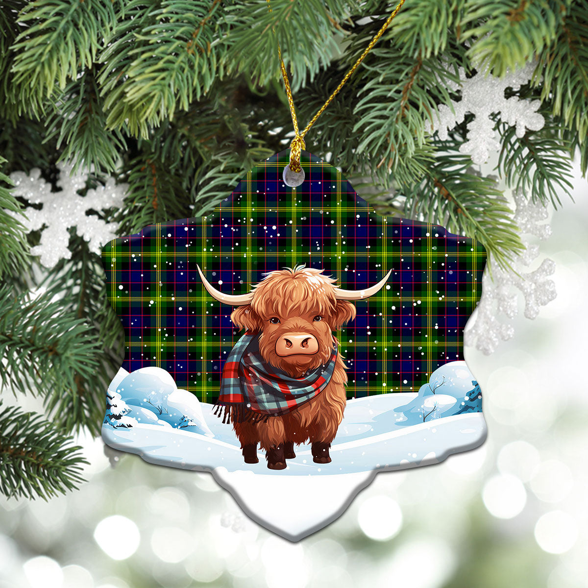 Watson Modern Tartan Christmas Ceramic Ornament - Highland Cows Snow Style