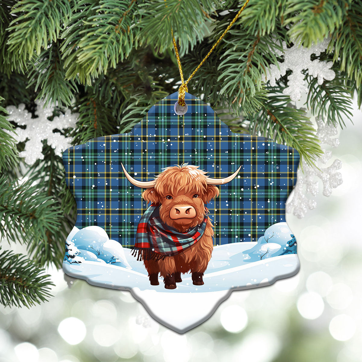 Weir Ancient Tartan Christmas Ceramic Ornament - Highland Cows Snow Style