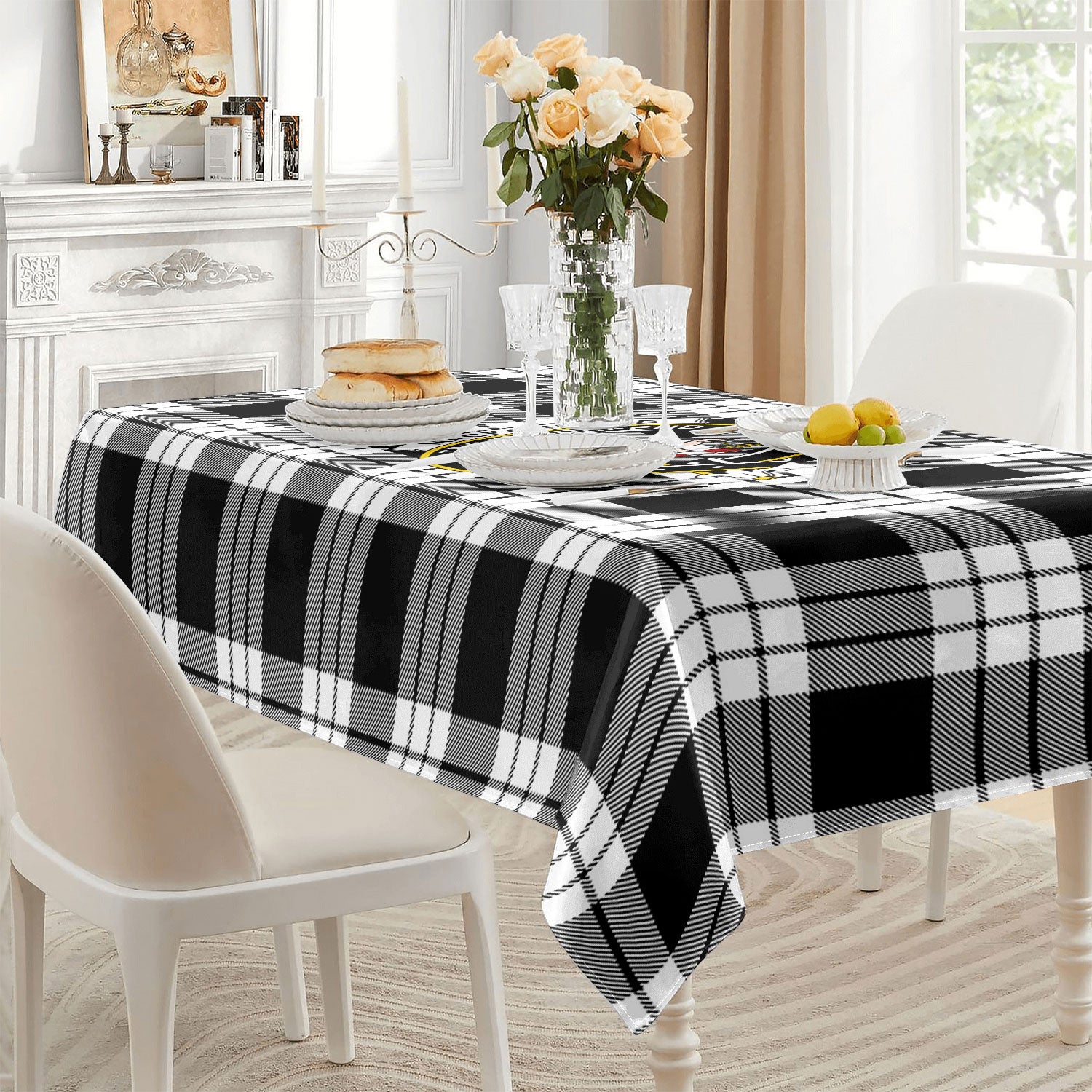 MacFarlane Black - White Tartan Crest Tablecloth