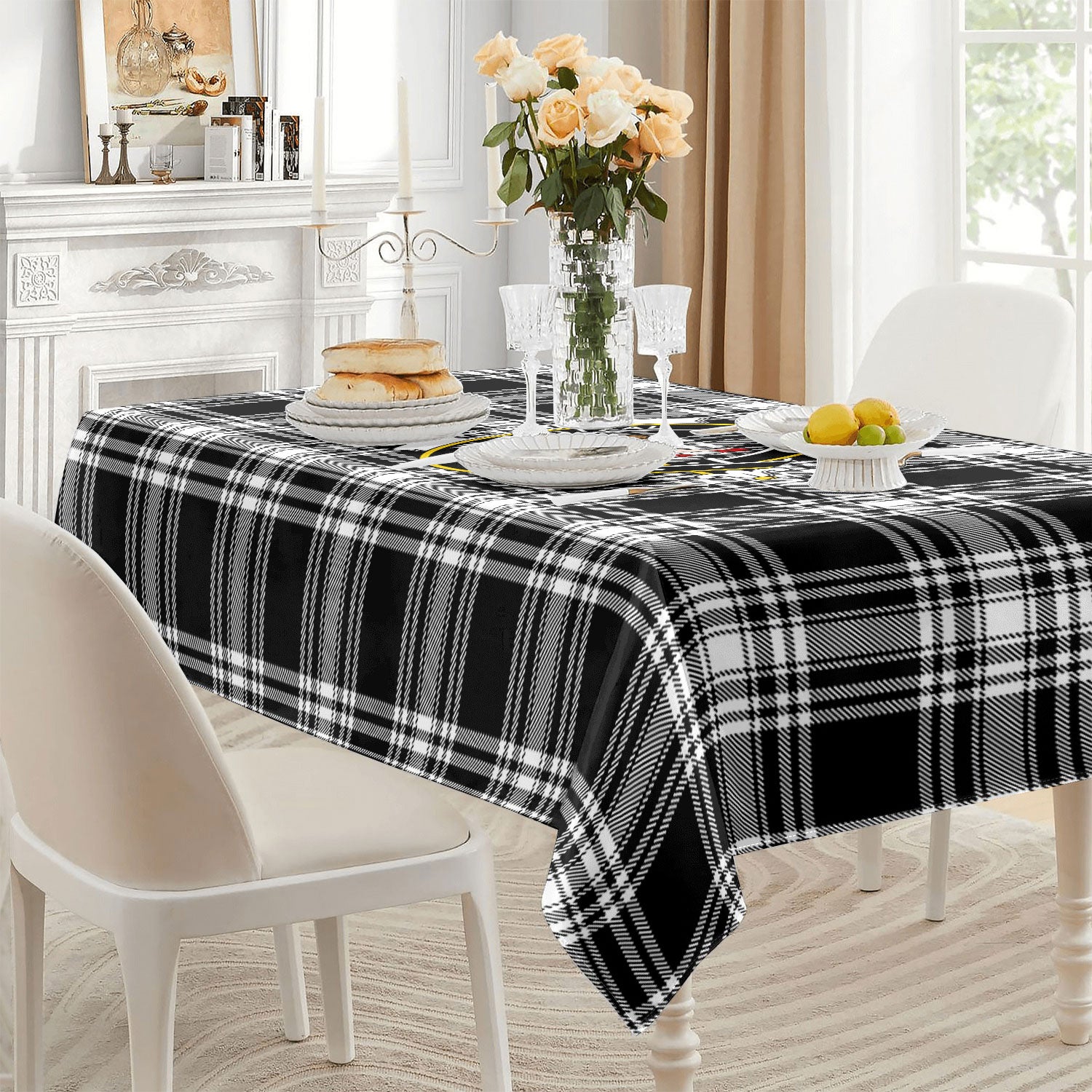 Menzies Black - White Modern Tartan Crest Tablecloth