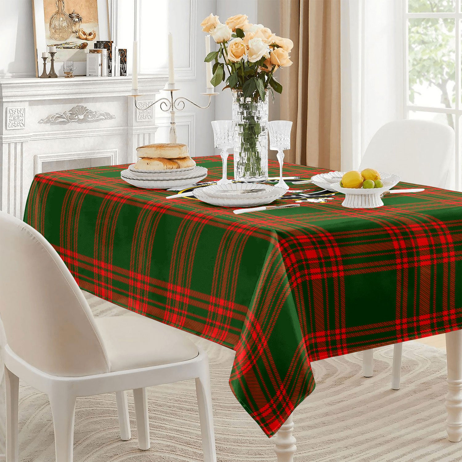 Menzies Green Modern Tartan Crest Tablecloth