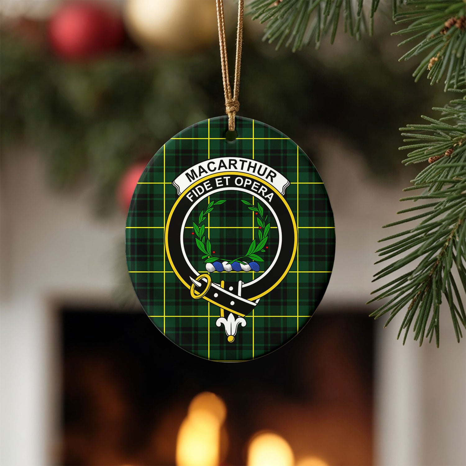 MacArthur Modern Tartan Crest Christmas Ceramic Ornament