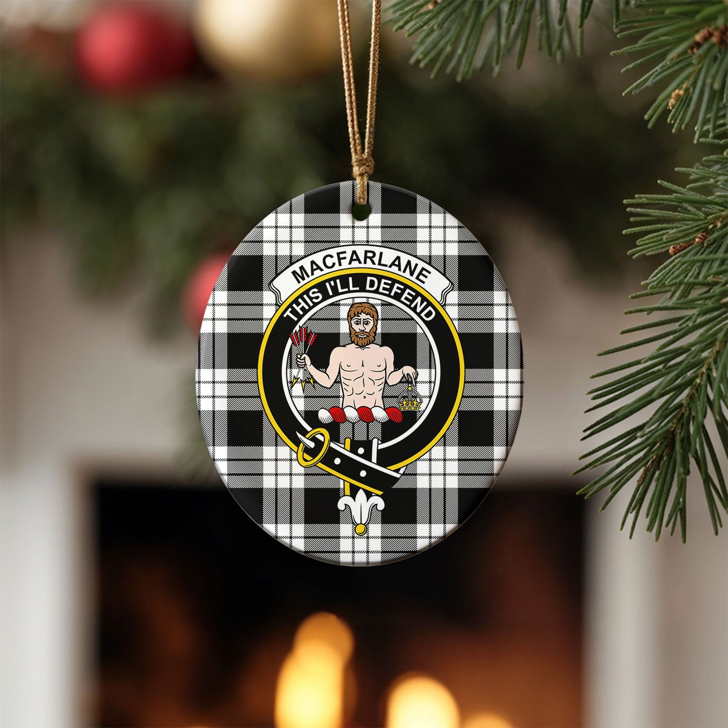MacFarlane Black - White Tartan Crest Christmas Ceramic Ornament