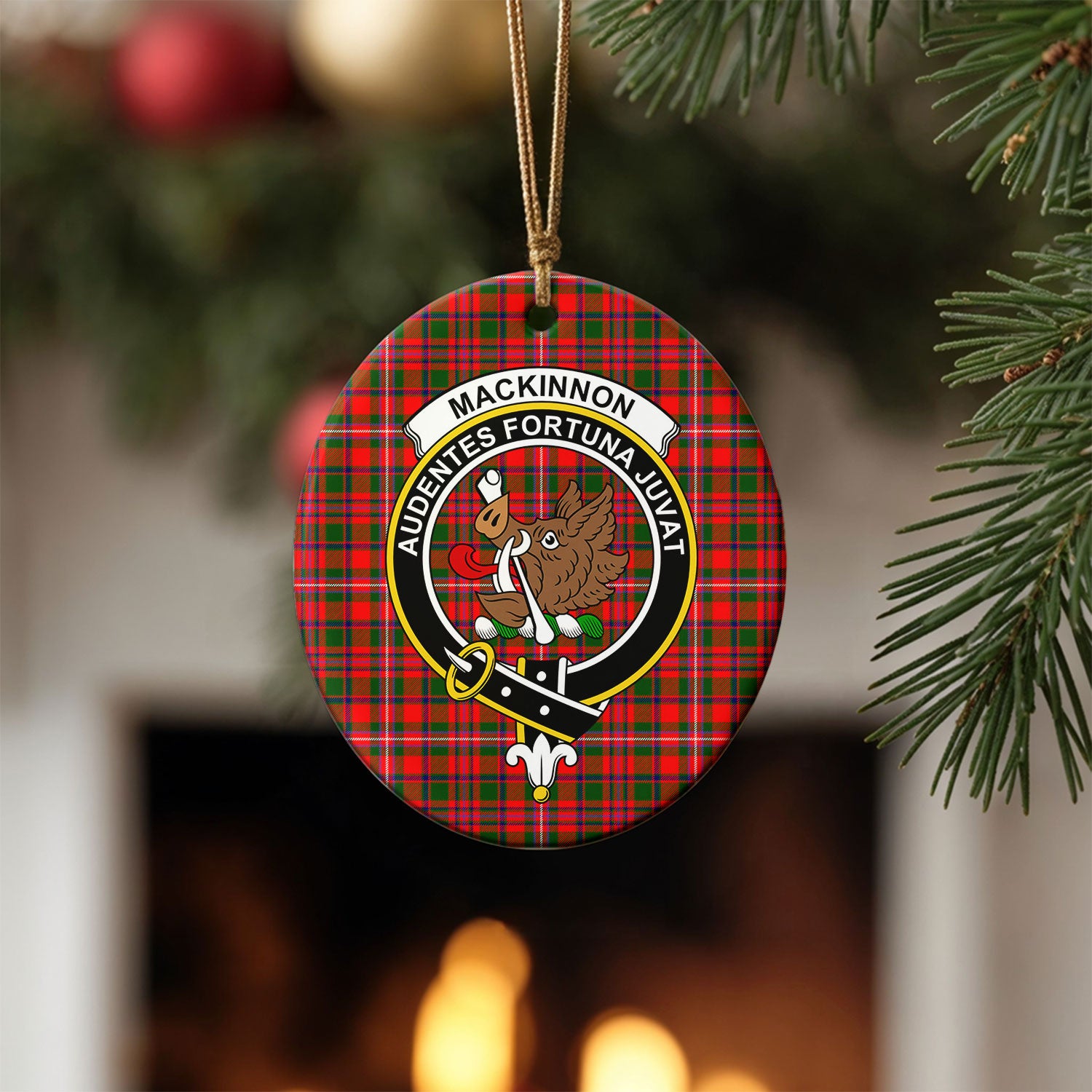 MacKinnon Modern Tartan Crest Christmas Ceramic Ornament