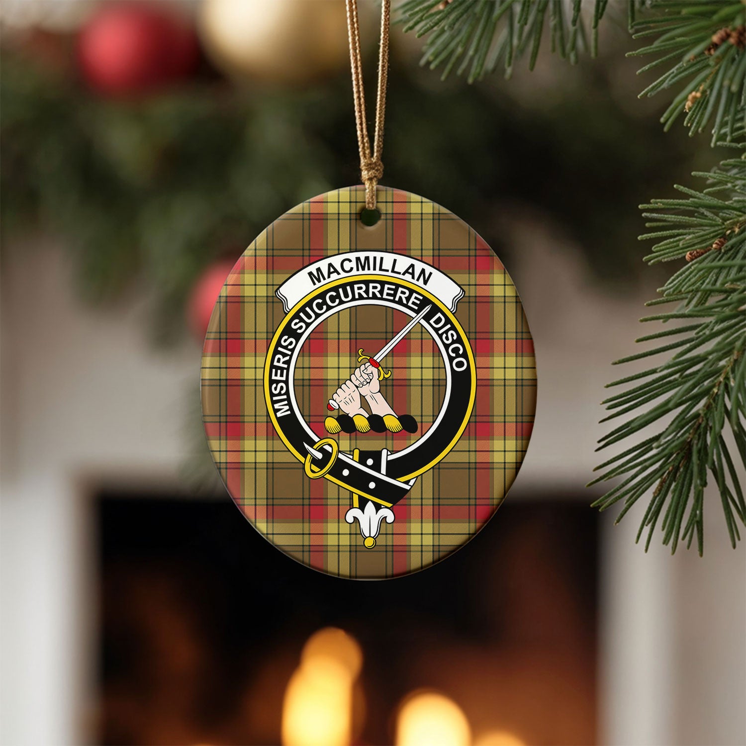 MacMillan Old Weathered Tartan Crest Christmas Ceramic Ornament