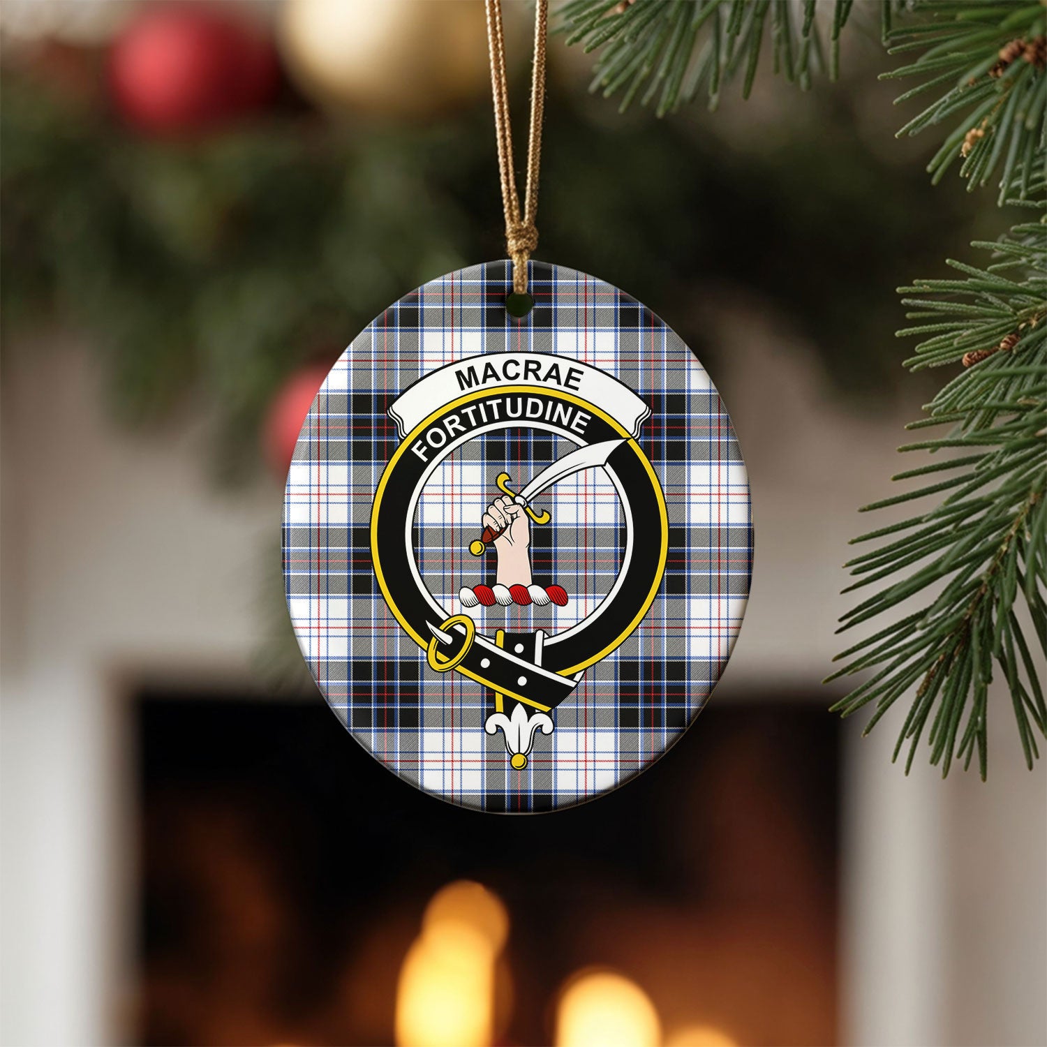 MacRae Dress Modern Tartan Crest Christmas Ceramic Ornament