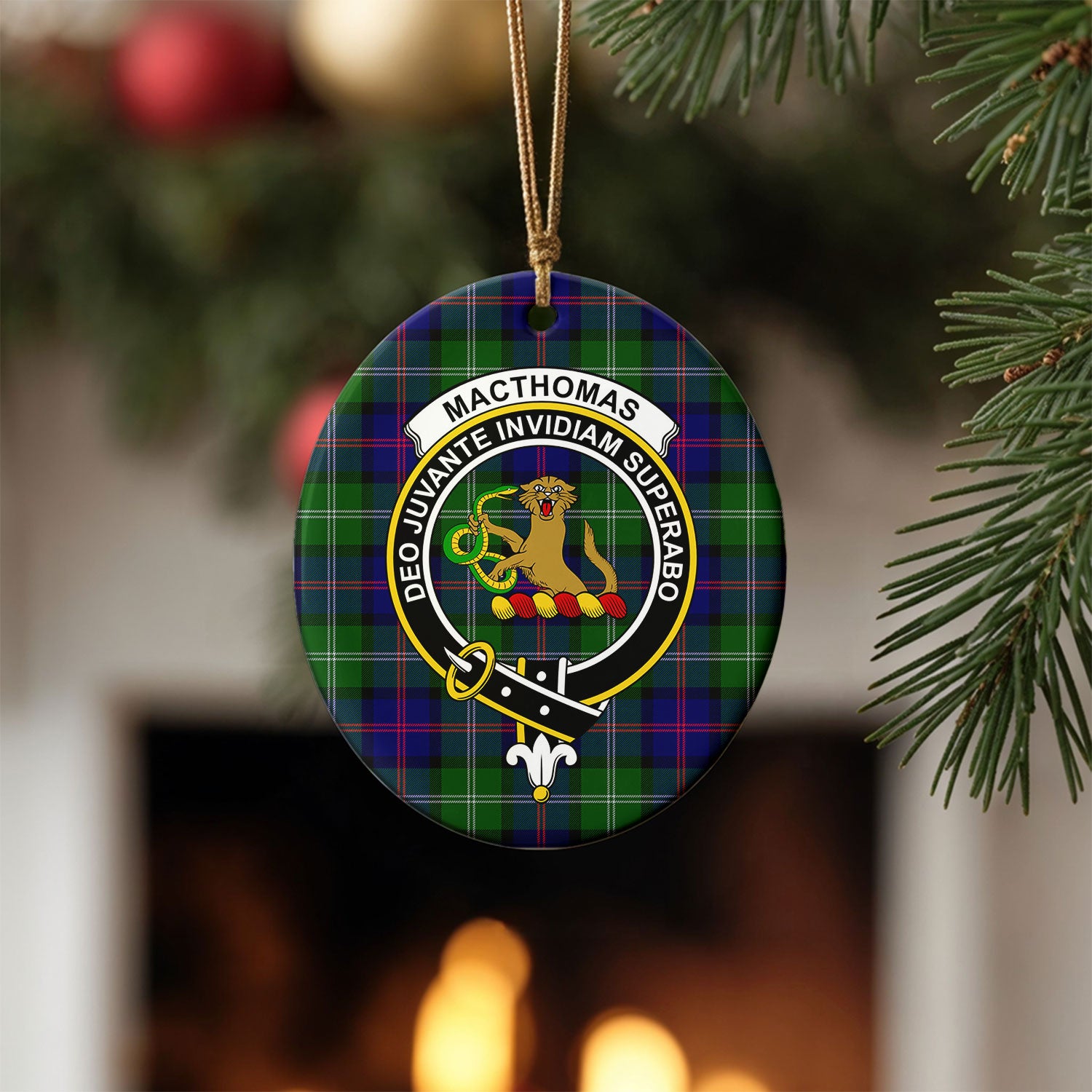 MacThomas Modern Tartan Crest Christmas Ceramic Ornament